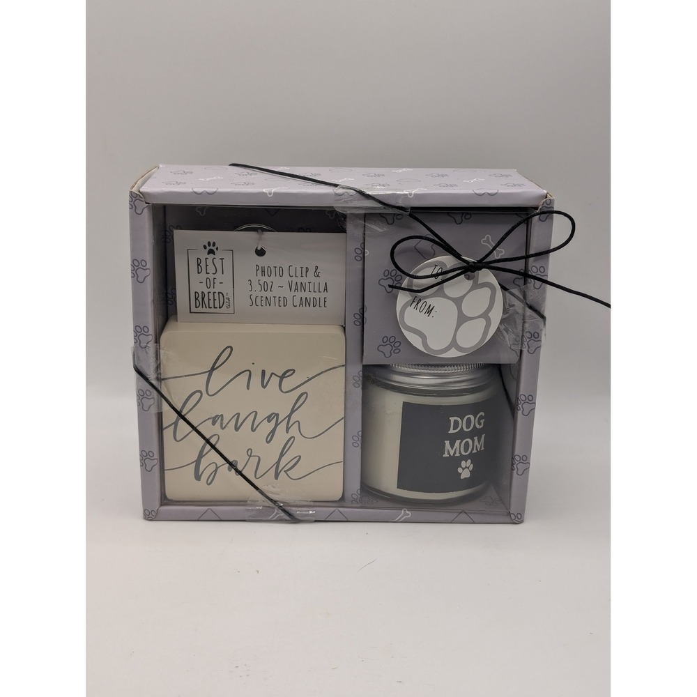 Best of Breed Dog Mom Gift Set Vanilla Scented Candle&Live Laugh Bark Photo Clip